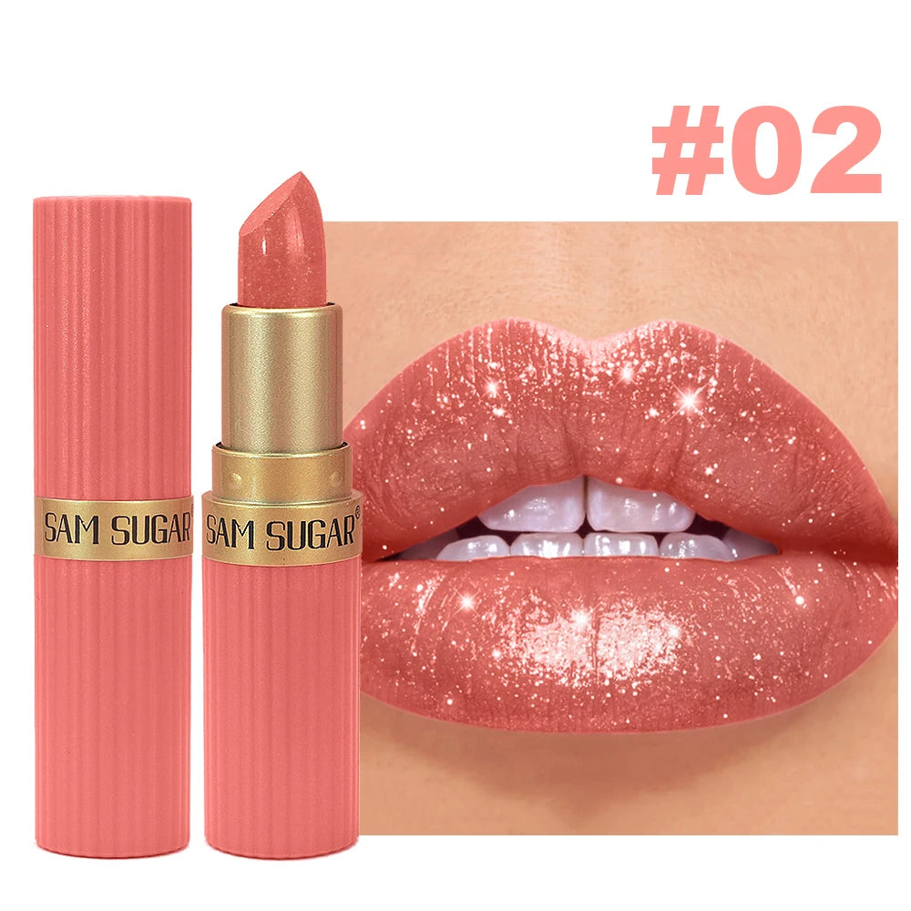 (Pearlescent/Pink) Glitter Metallic Waterproof Long Lasting Diamond Lipstick