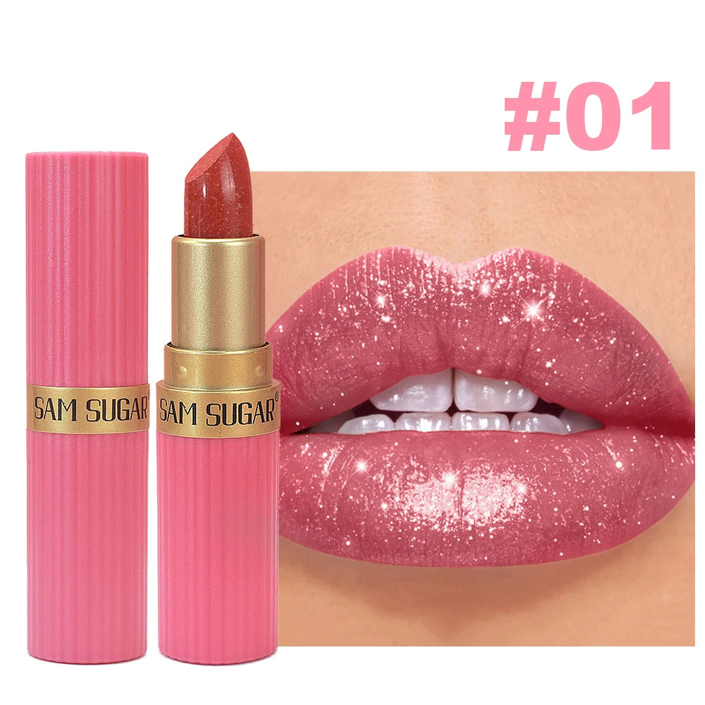 (Pearlescent/Pink) Glitter Metallic Waterproof Long Lasting Diamond Lipstick