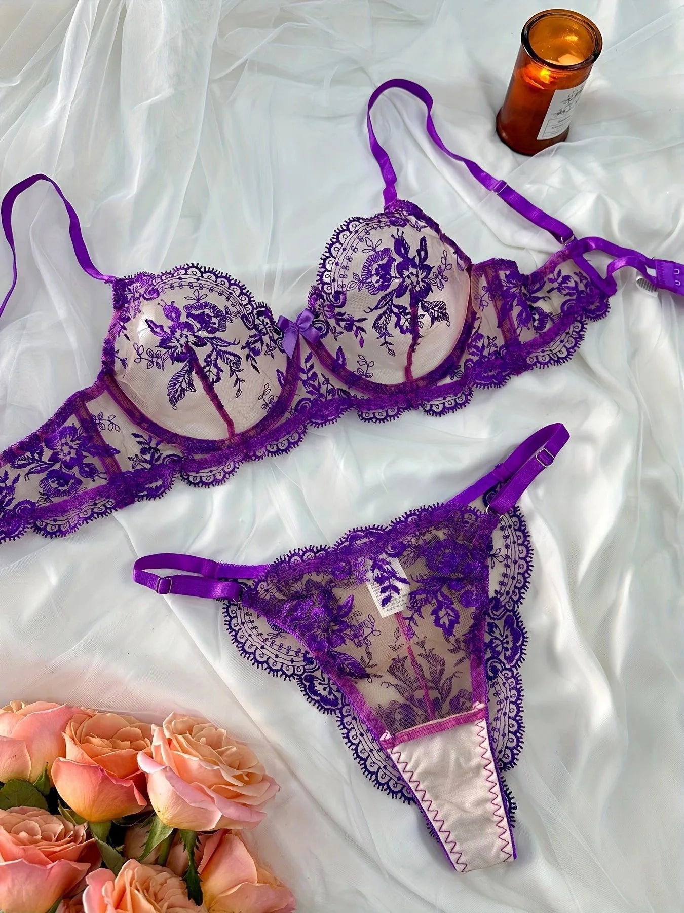 Floral Embroidery Mesh Elegant Lingerie Set