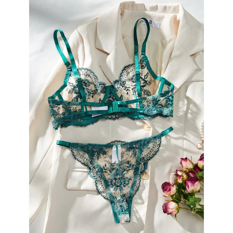 Floral Embroidery Mesh Elegant Lingerie Set