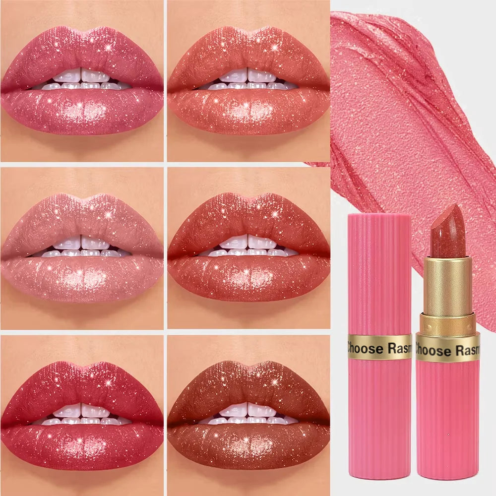 (Pearlescent/Pink) Glitter Metallic Waterproof Long Lasting Diamond Lipstick