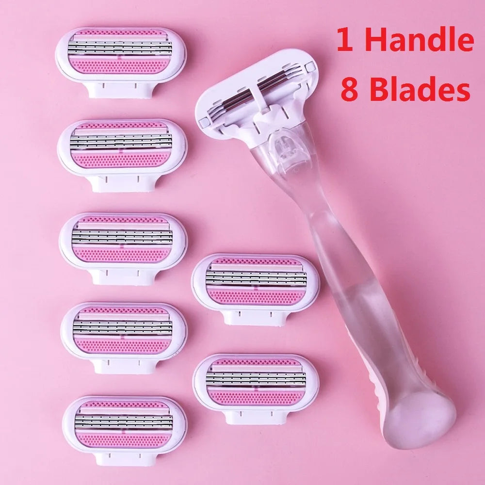 (1 Handle + 8 Blades) Safety razor Blades Face/ Leg/ Armpit/ Bikini Beauty Hair Removal