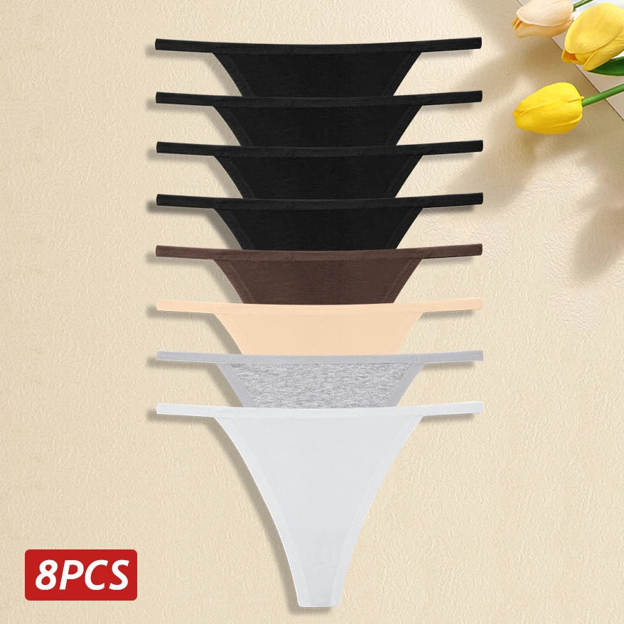 Comfortable Cotton Panties Sexy Low Waist G-String Thong 8Pc Set