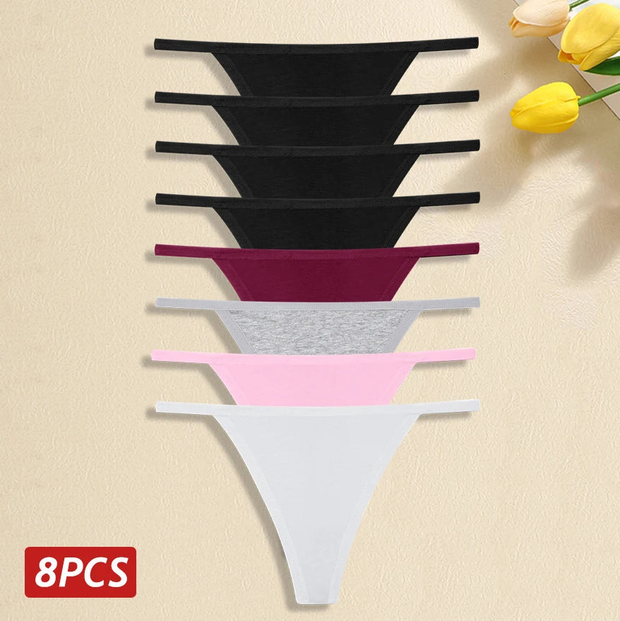 Comfortable Cotton Panties Sexy Low Waist G-String Thong 8Pc Set