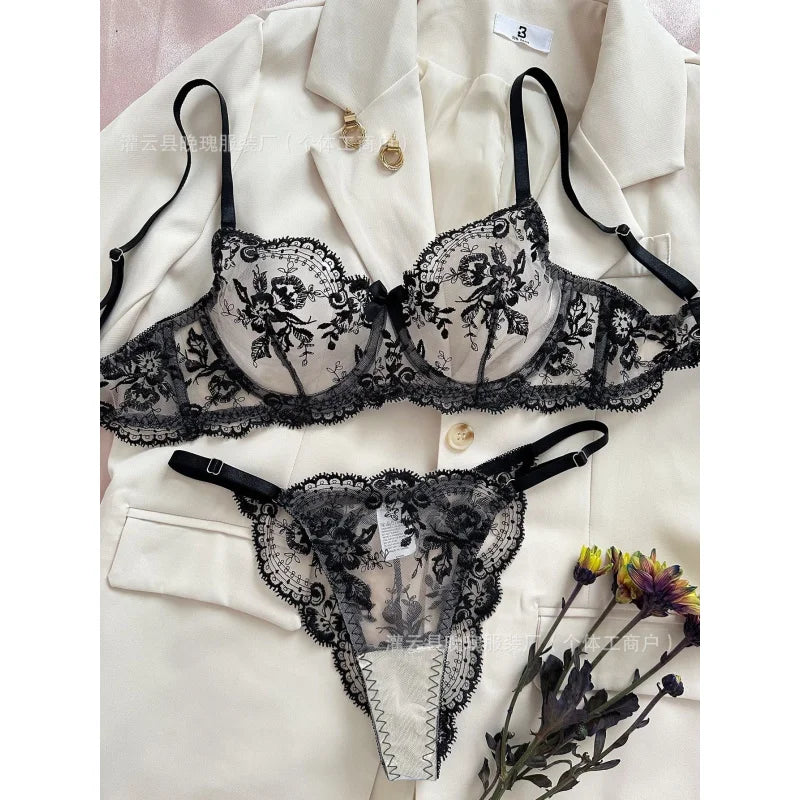 Floral Embroidery Mesh Elegant Lingerie Set