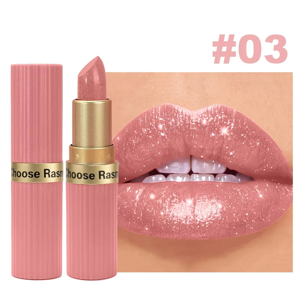 (Pearlescent/Pink) Glitter Metallic Waterproof Long Lasting Diamond Lipstick